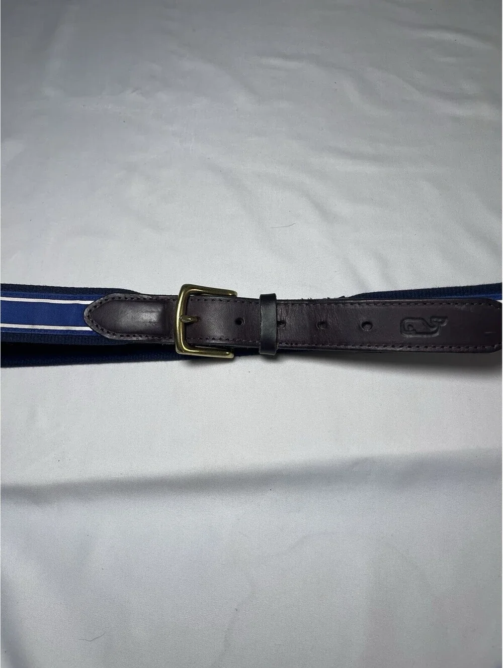 Vineyard Vines Blue White Striped Ribbon Belt with Leather Trim and Brass Buckle